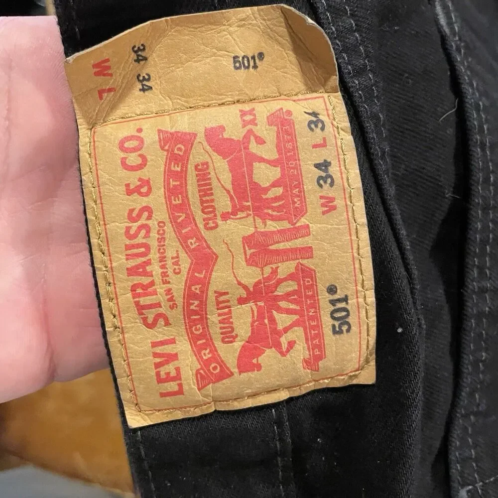 Levis 501 Jeans Original Fit Button Fly Straight‎ Leg Black Denim Mens 34x33